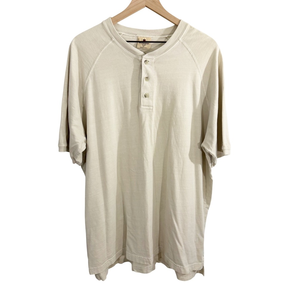 Woolrich Men's Short Sleeve Henley T-Shirt Cream Extra Large Outdoors Cabincore